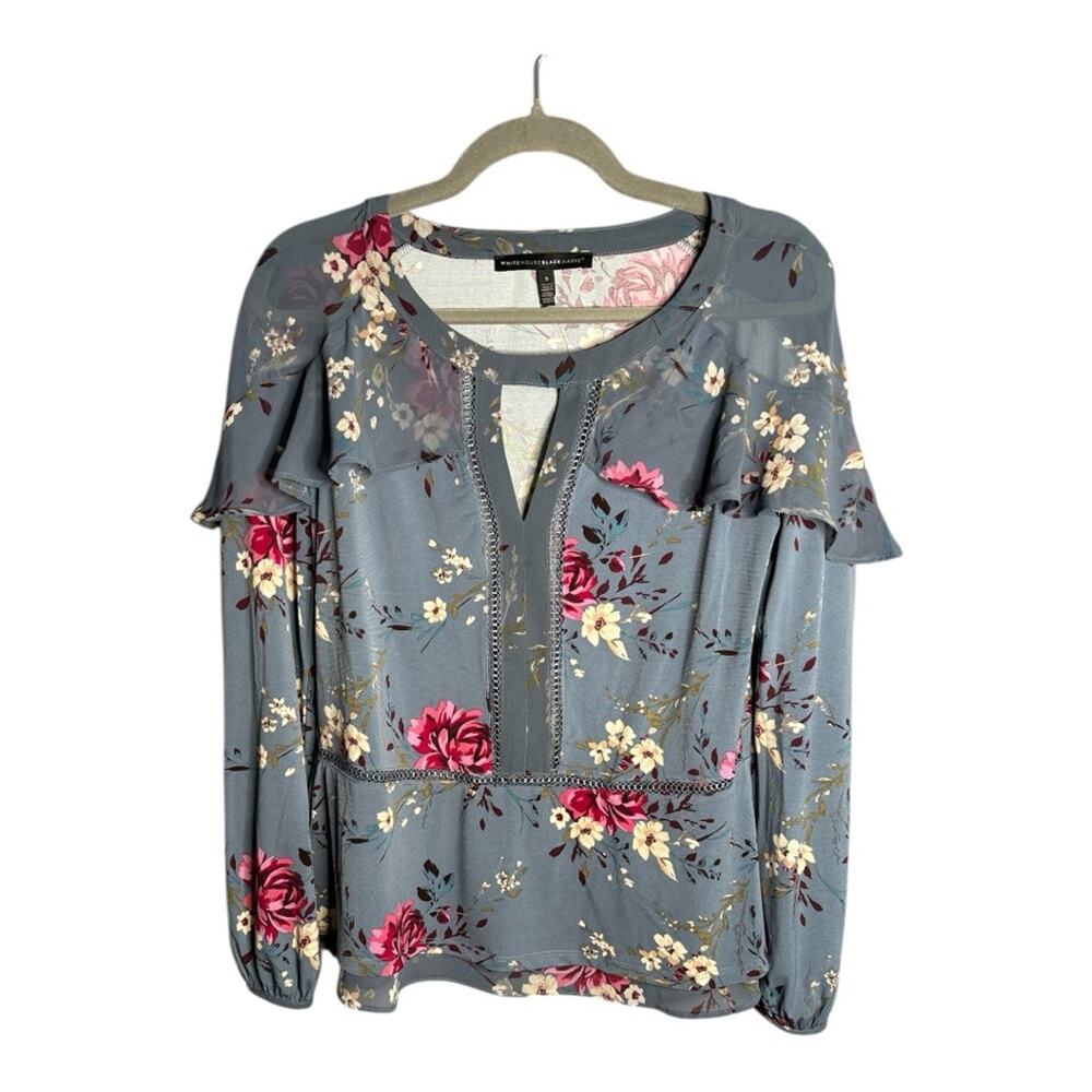 White House Black Market Blue Pink Floral Blouse Ruffle Detail Small